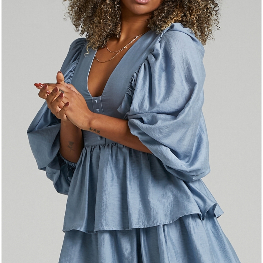 Showpo Constance Wide Sleeve Mini Party Dress Dusty Blue Size 2 - Picture 5 of 11